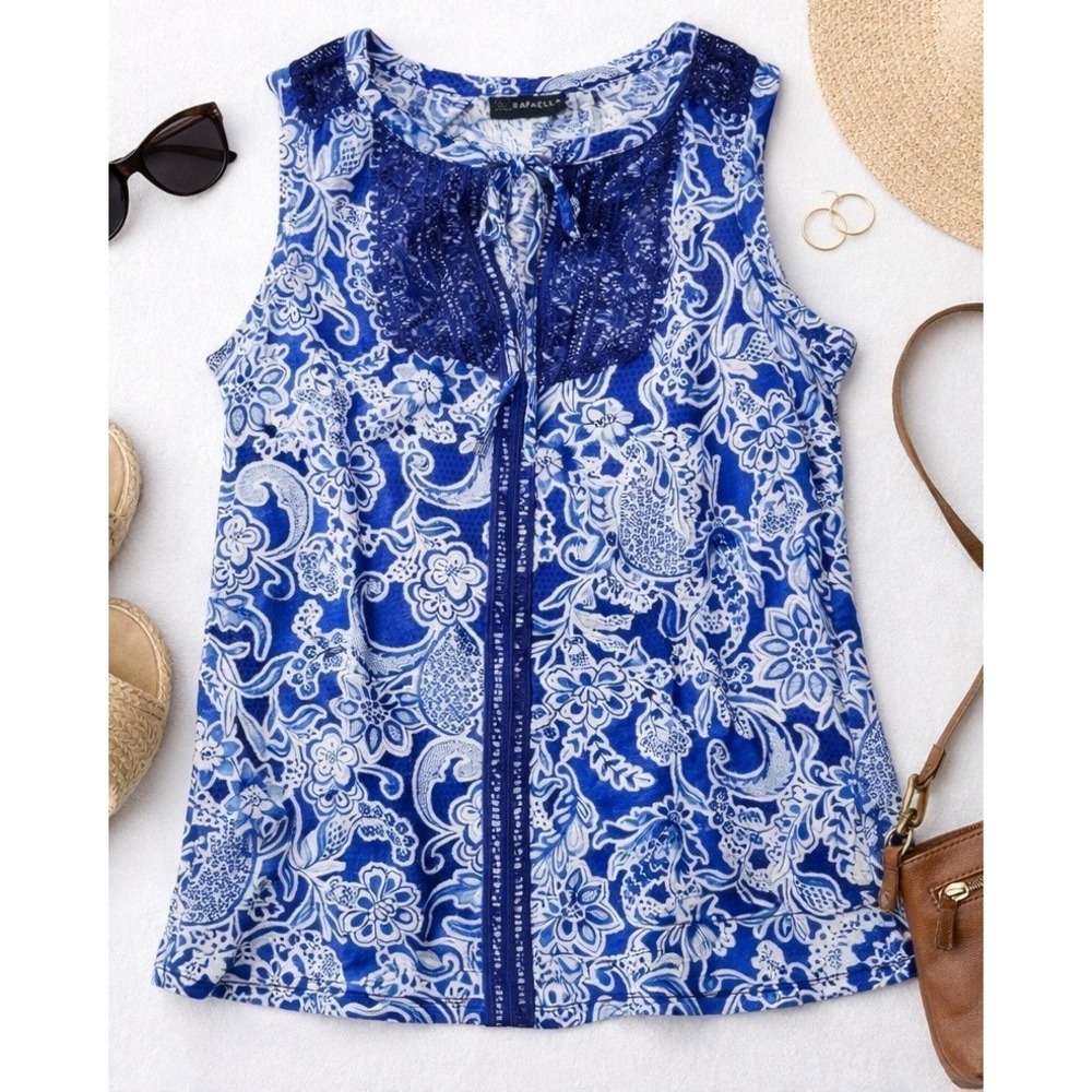 Rafaella Womens Amparo Blue Floral Lace Bib Sleeveless Cotton Top Small New